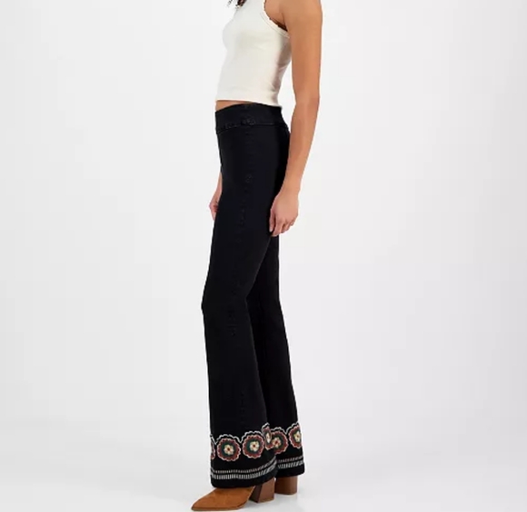 Black pull-on flare pants with embroidered hem - Picture 2 of 13